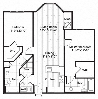 Floor plan for 2 beds, 2 baths, 1040 sqft